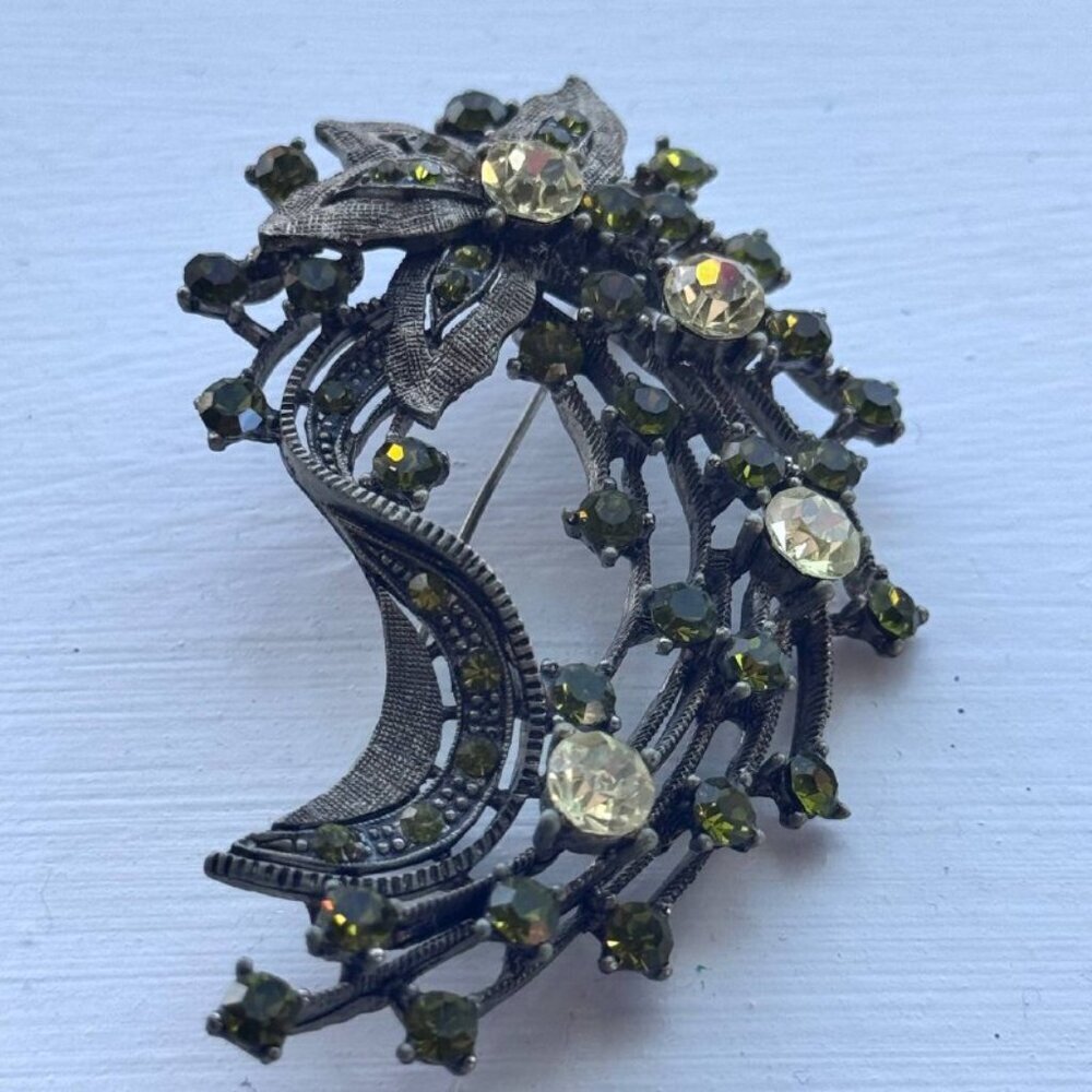 Vintage Floral Rhinestone Brooch with Green Crystals